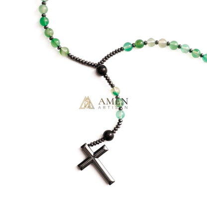 Green Agate Rosary with Cross Amen Artisan