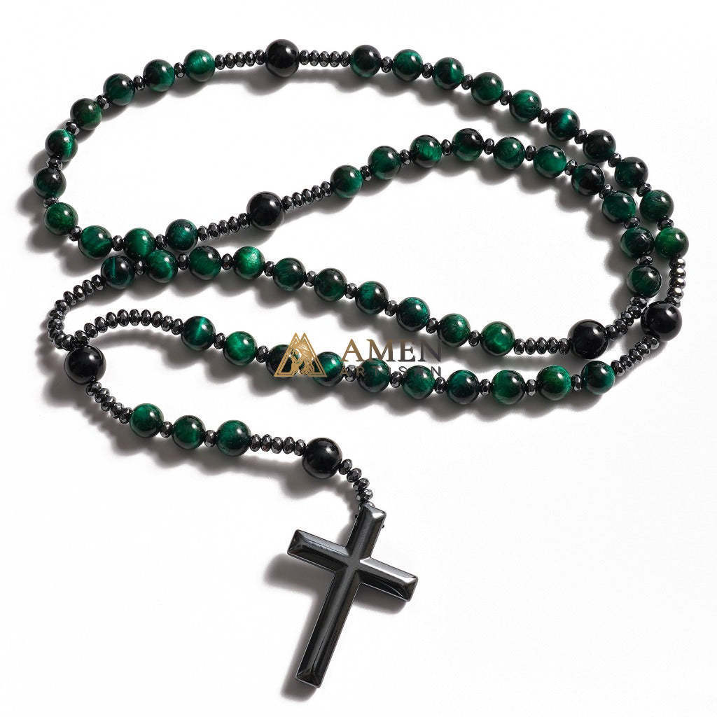 Green Tiger Eye Cross Rosary Amen Artisan