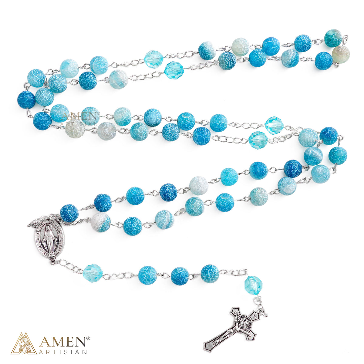 Our Lady Natural Blue Stone Rosary — Miraculous Medal & St. Benedict Crucifix