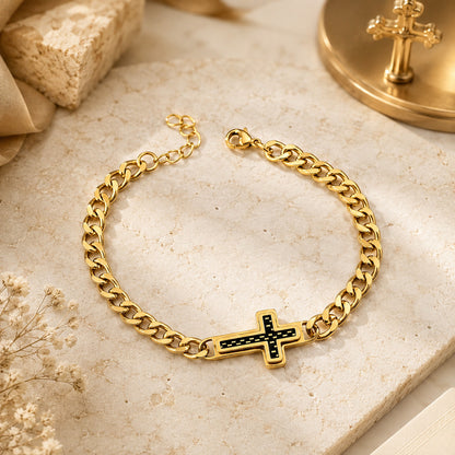 Clean-Lined Cross Bracelet with Curb Chain — Faith and Strength