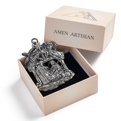 Premium Titanium Steel Nativity Ornament with Chain & Gift Box – 7 cm / 2.75"