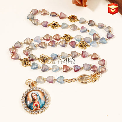 Heart-Shaped Stained Glass Our Lady Pendant Necklace Amen Artisan