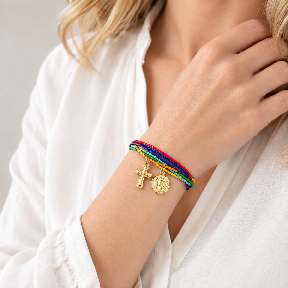 St. Benedict Medal Adjustable Cord Bracelet with Cross Charm