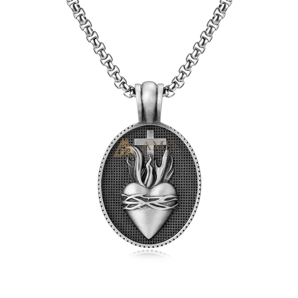 Sacred Heart with Flame & Cross Oval Pendant Necklace Amen Artisan