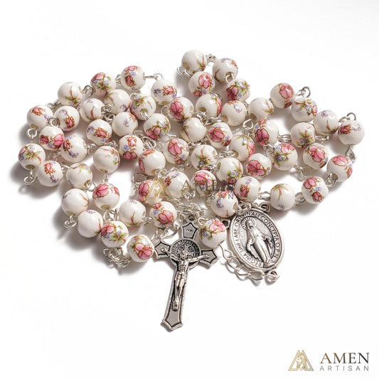 Pink Peony Ceramic Rosary Amen Artisan
