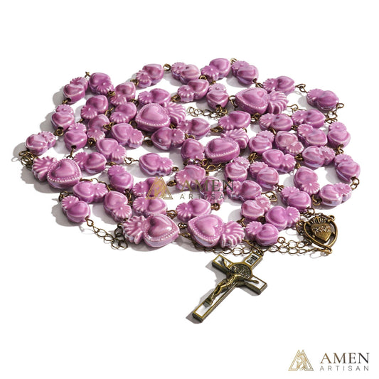 Rosário de cerâmica com contas do Sagrado Coração - Rosário estilo bronze vintage - Amém Artesanal