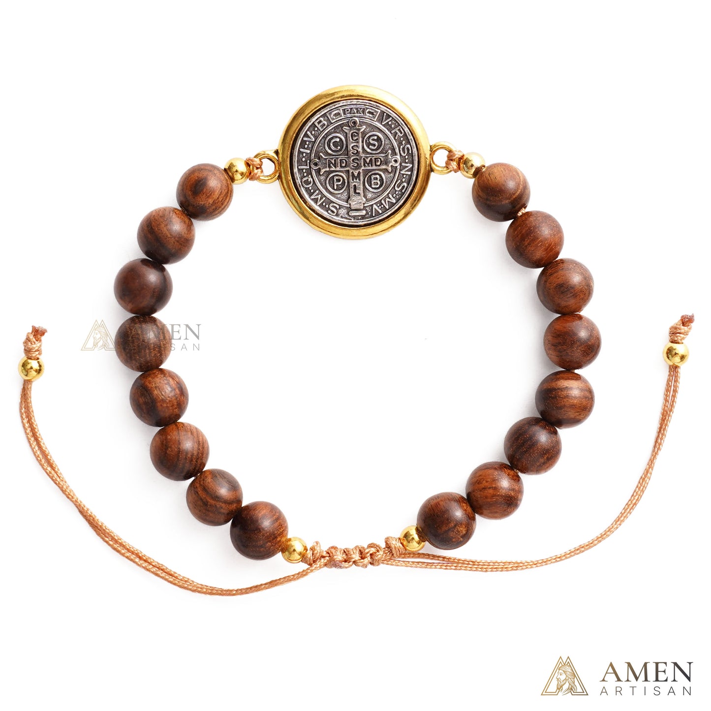 【Deal Today】Wooden Beads Saint Benedict Medal Adjustable Bracelet  | Amen Artisan