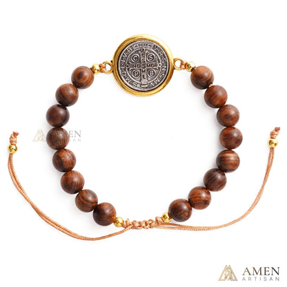 【Deal Today】Wooden Beads Saint Benedict Medal Adjustable Bracelet  | Amen Artisan