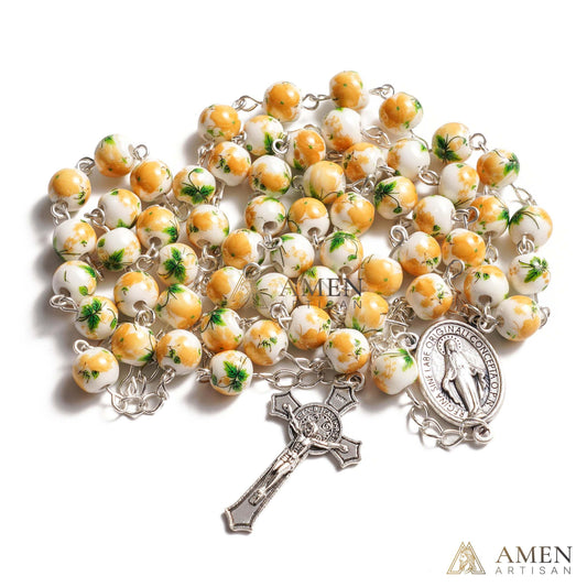 Yellow Peony Ceramic Rosary Amen Artisan