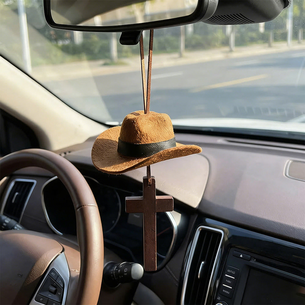 【Deal Today】Western Rearview Mirror Ornament with Cowboy Hat and Cross — Faith | Amen Artisan®