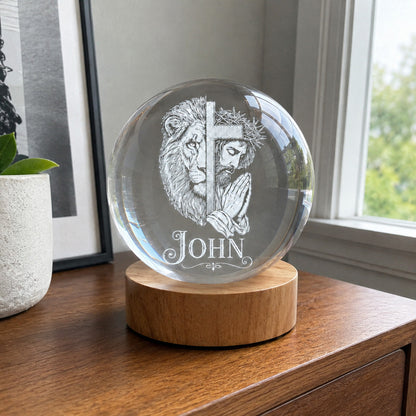 Personalized Christian Crystal Night Light with Lion, Cross, and Jesus — Strength