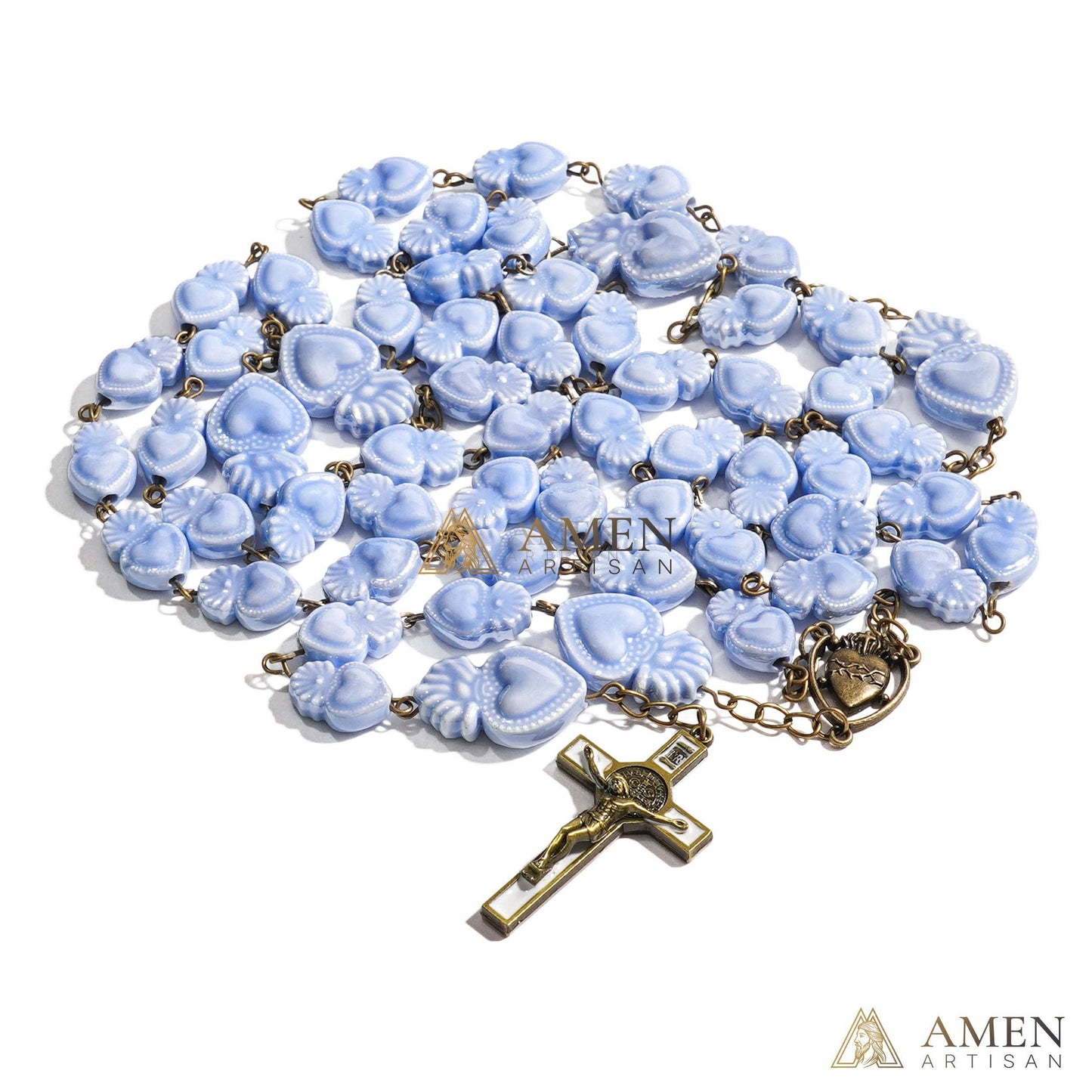 Ceramic Sacred Heart Beads Rosary - Vintage Bronze Style Rosary - Amen Artisan
