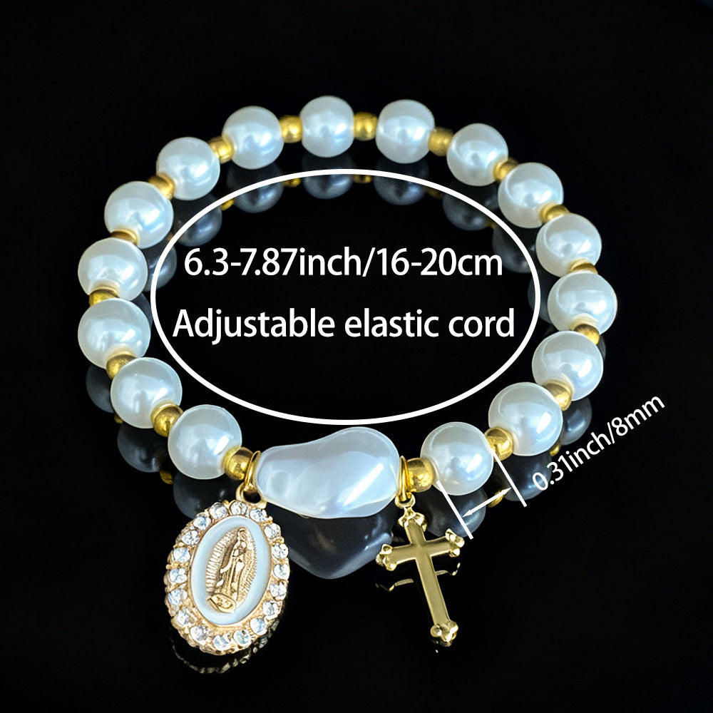 Pearl Gold Virgin Mary Diamond-Studded Cross Elastic Bracelet