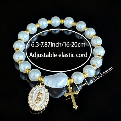 Pearl Gold Virgin Mary Diamond-Studded Cross Elastic Bracelet
