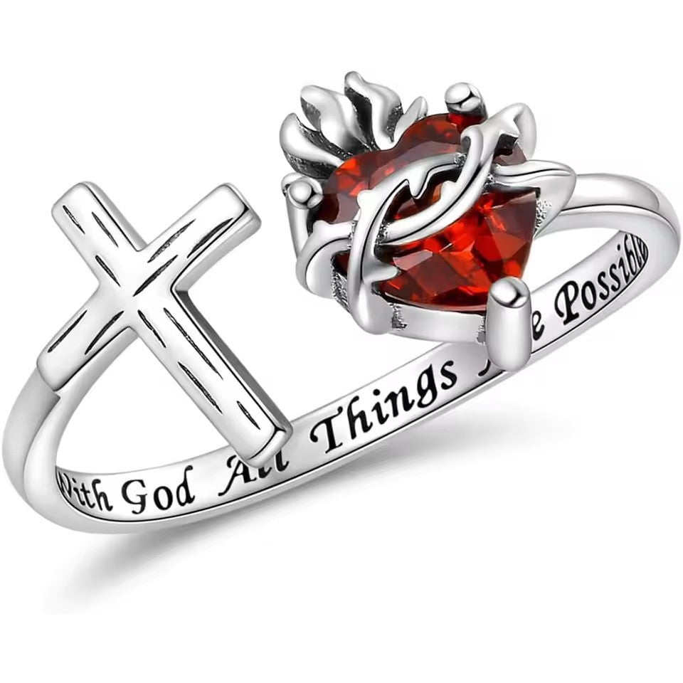 Anillo abierto con cruz del Sagrado Corazón Artesanal Amén