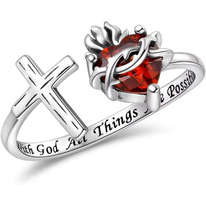 Anillo abierto con cruz del Sagrado Corazón Artesanal Amén