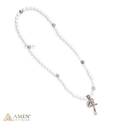 White Bead Virgin Mary Medal & Crucifix Bracelet Necklace