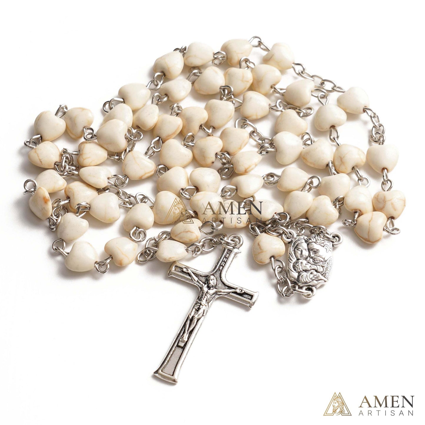 White Turquoise Heart Rosary Amen Artisan