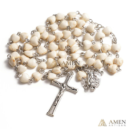 White Turquoise Heart Rosary Amen Artisan