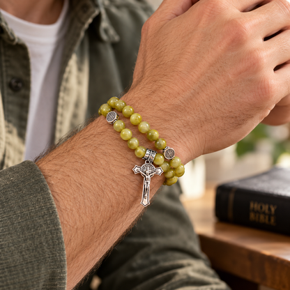 Olive Green St. Benedict Crucifix Beaded Wrap Bracelet and Necklace