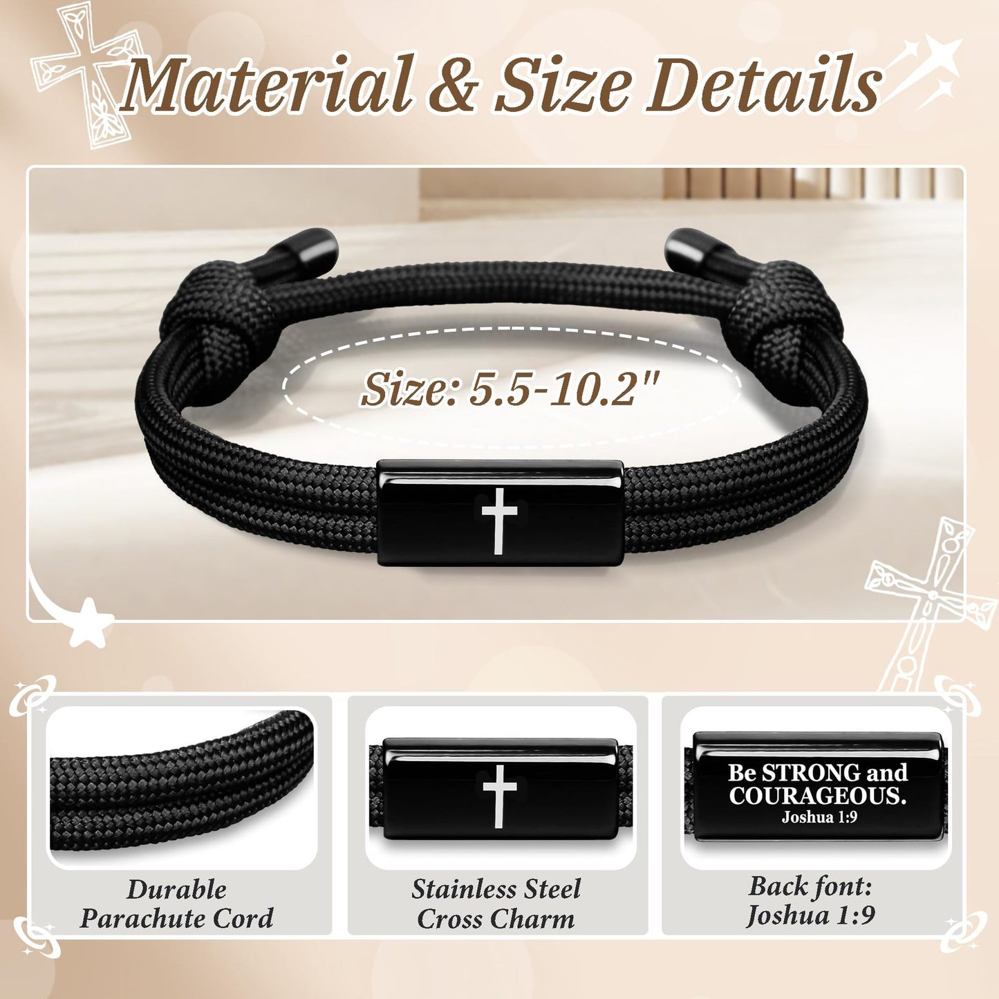 Joshua 1:9 Be Strong and Courageous Paracord Cross Bracelet