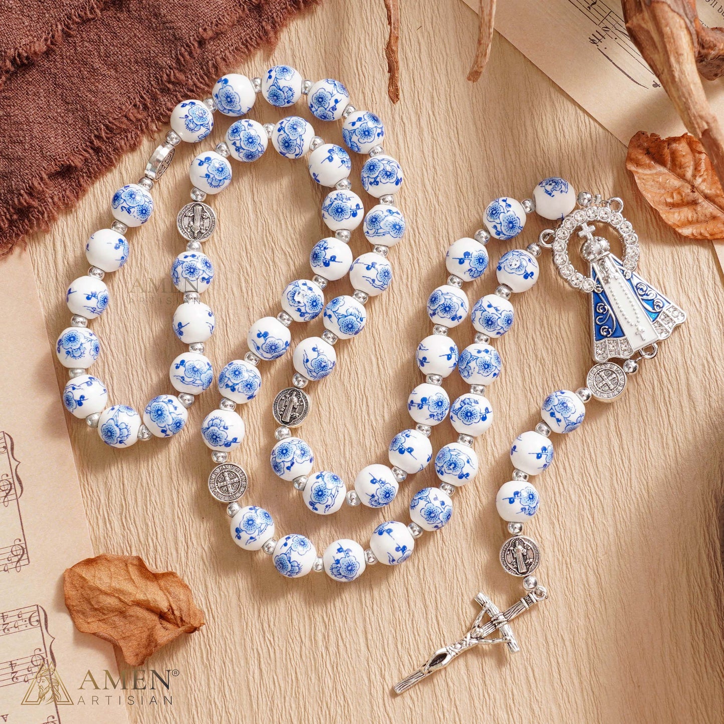【Limited-Time 50% off】Blue Floral Ceramic Rosary with Marian Pendant and St. Benedict Medals — Grace and Peace | Amen Artisan