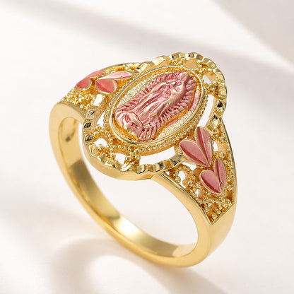 Our Lady Gold-Tone Ring with Pink Raised Detail