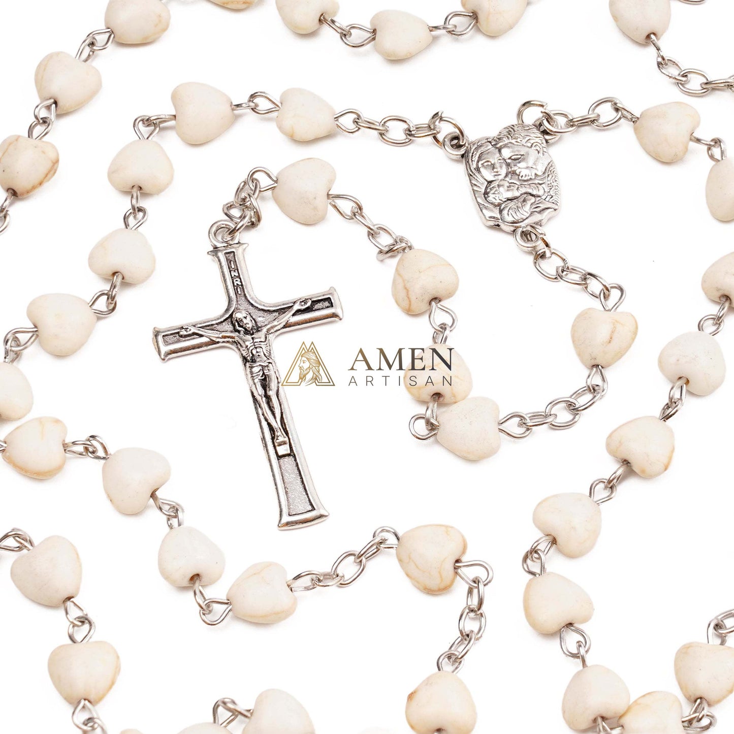 White Turquoise Heart Rosary Amen Artisan