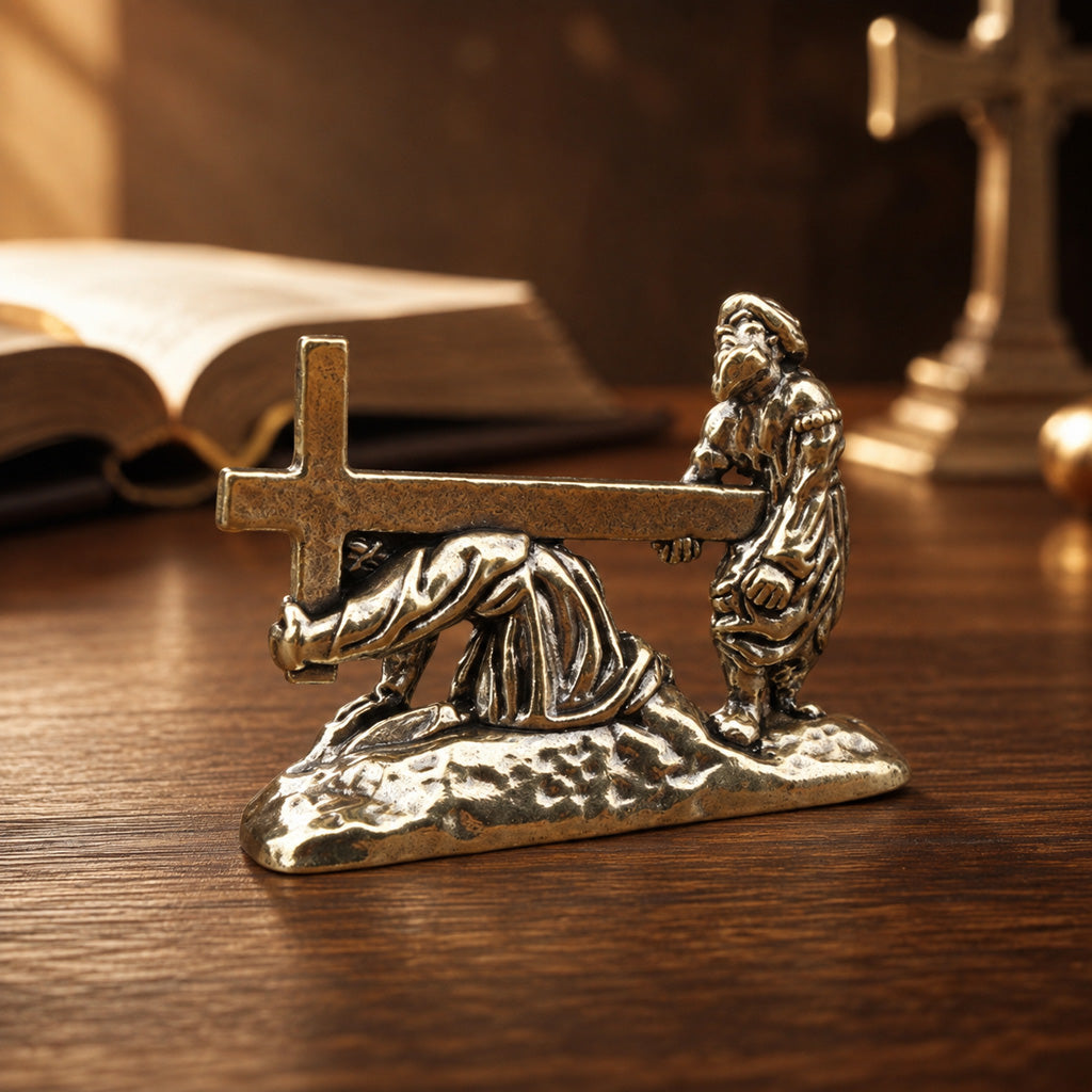 Brass Christ Carrying the Cross Figurine for Prayer and Reflection