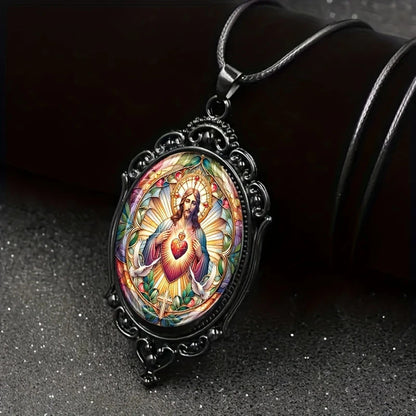 Simple black lace-edged base oval crystal Sacred Heart pendant