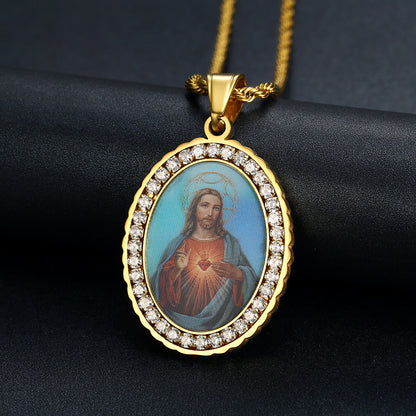 Holy Mother Photo Memorial Titanium Steel Zircon Necklace | Amen Artisan