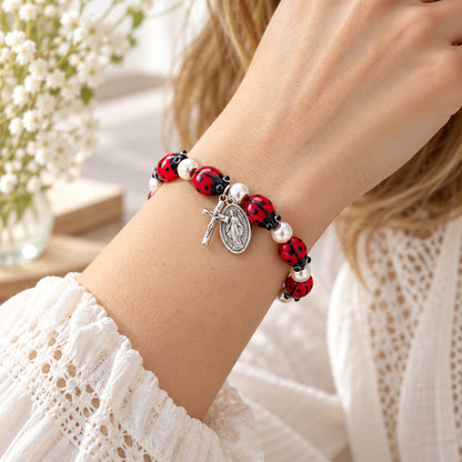 Glass Ladybug Catholic Stretch Bracelet