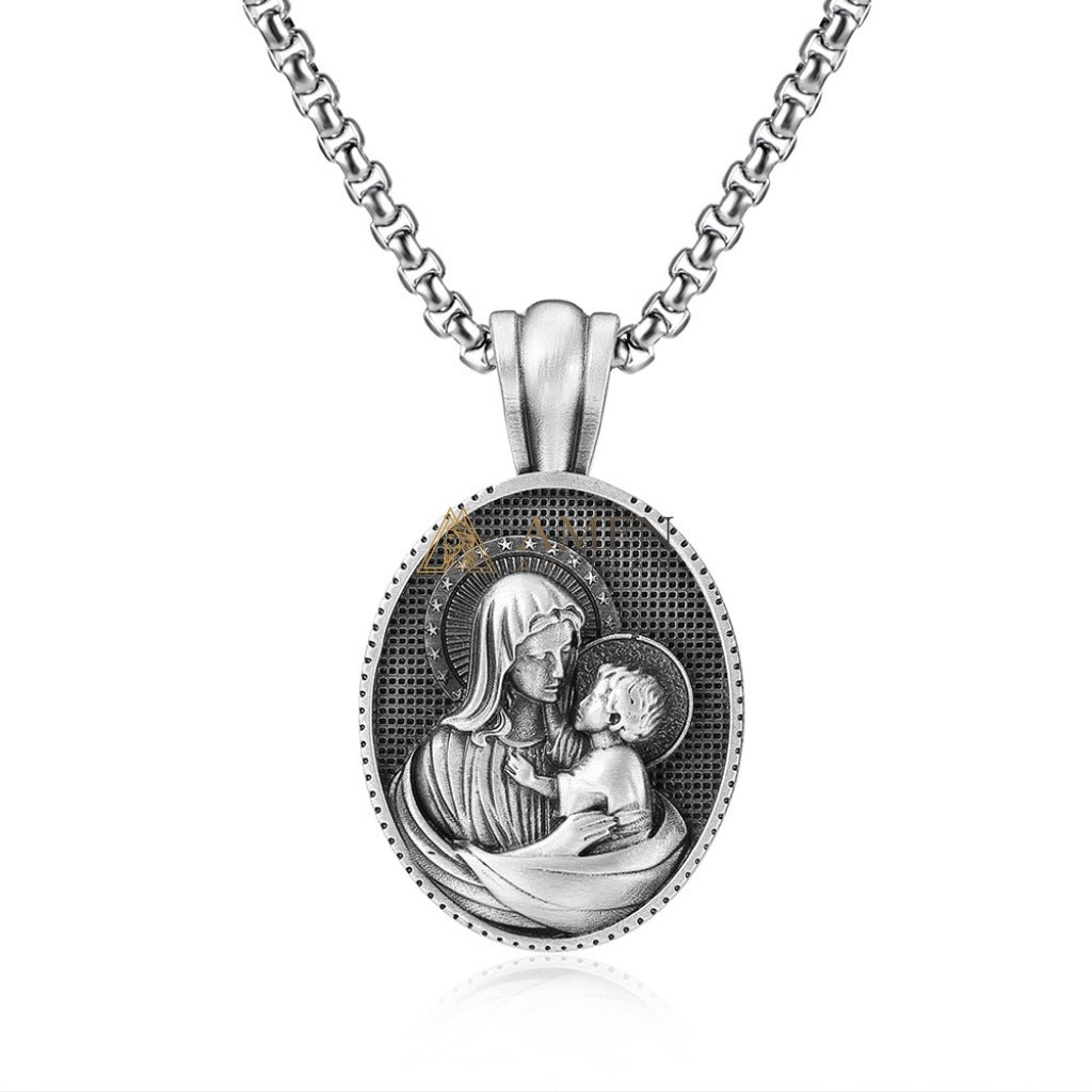 Virgin Mary & Child Oval Pendant Necklace Amen Artisan