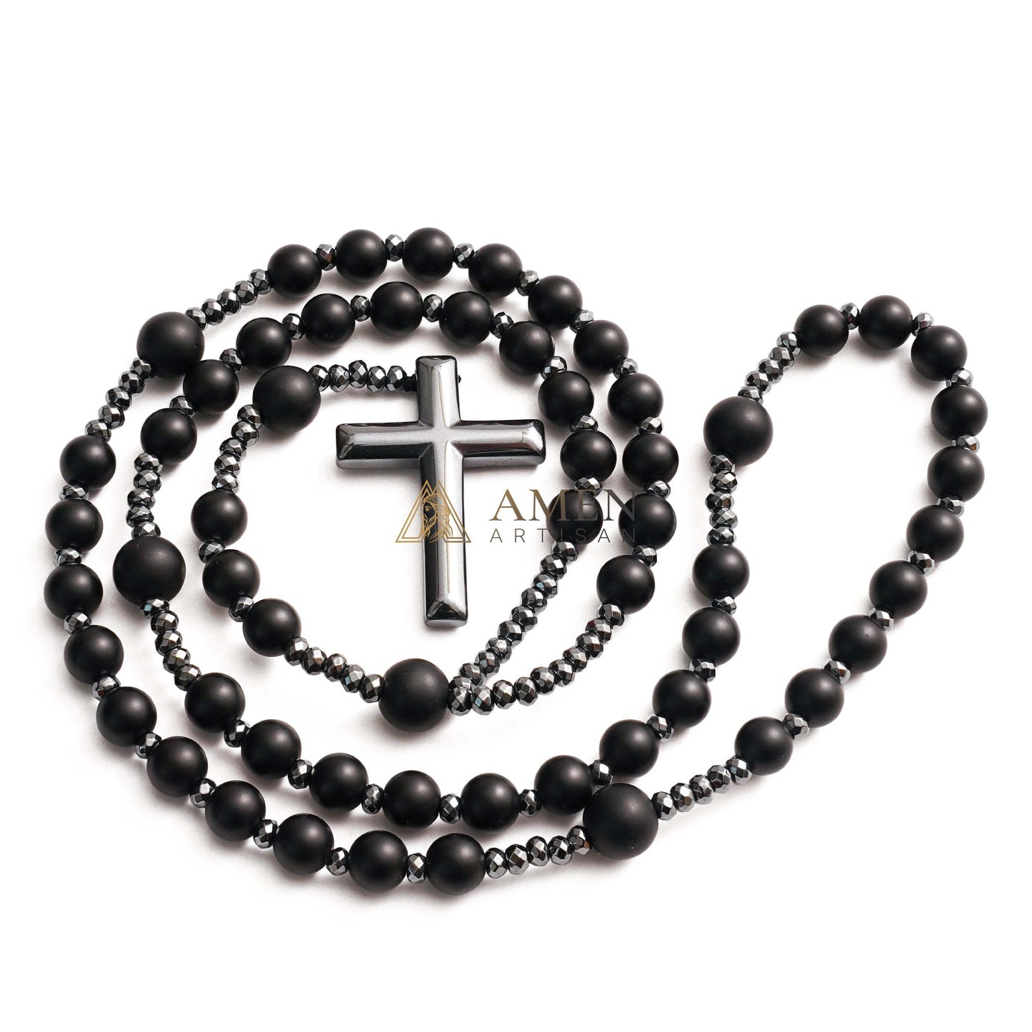 Black Onyx Cross Rosary Amen Artisan