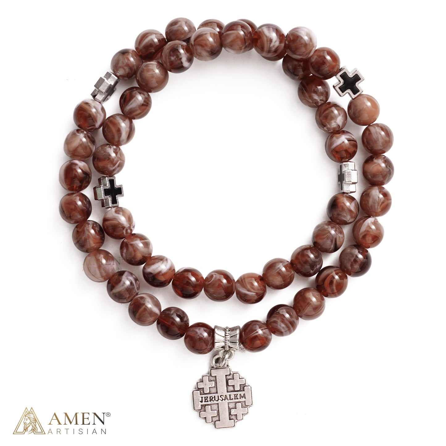 White Bead Virgin Mary Medal & Crucifix Bracelet Necklace