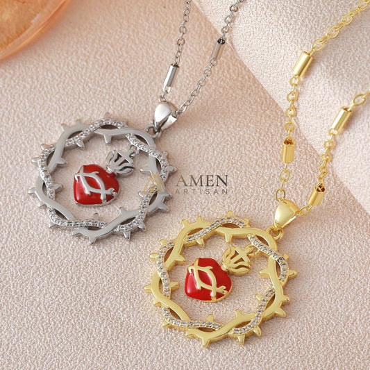 Sacred Heart & Crown of Thorns Pendant Necklace Amen Artisan