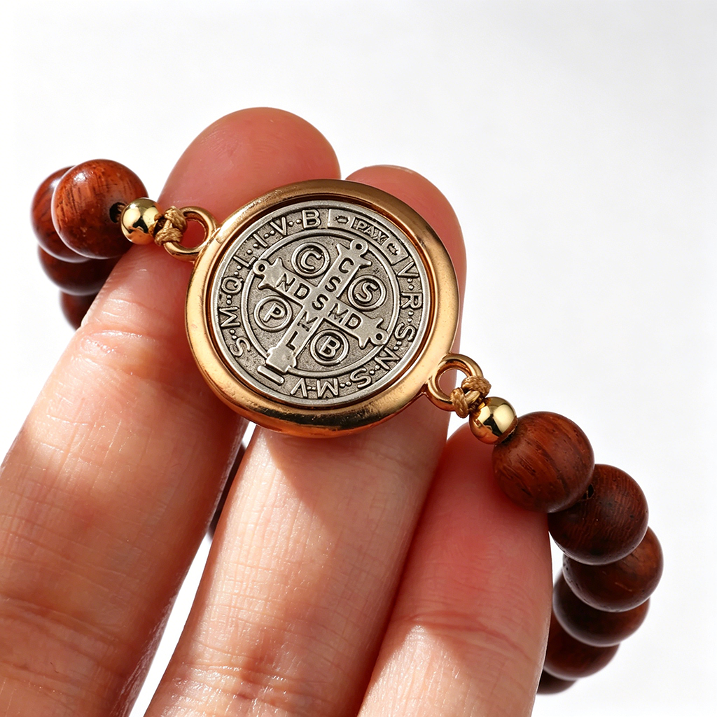 【Deal Today】Wooden Beads Saint Benedict Medal Adjustable Bracelet  | Amen Artisan