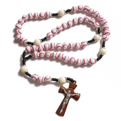 “Home Run” Handcrafted Baseball Rosary with Baseball-Stitch Beads and Wood-Grain Crucifix — Faith for Every Season