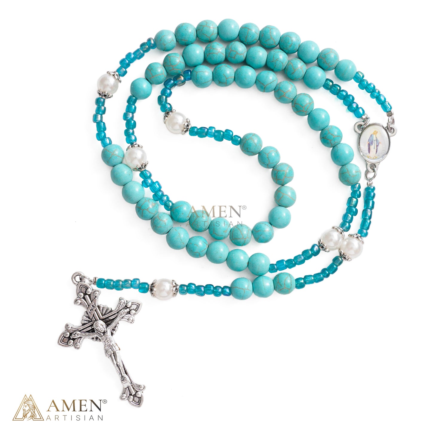 【DEAL TODAY】Blue Beaded Crucifix Necklace with Devotional Medal