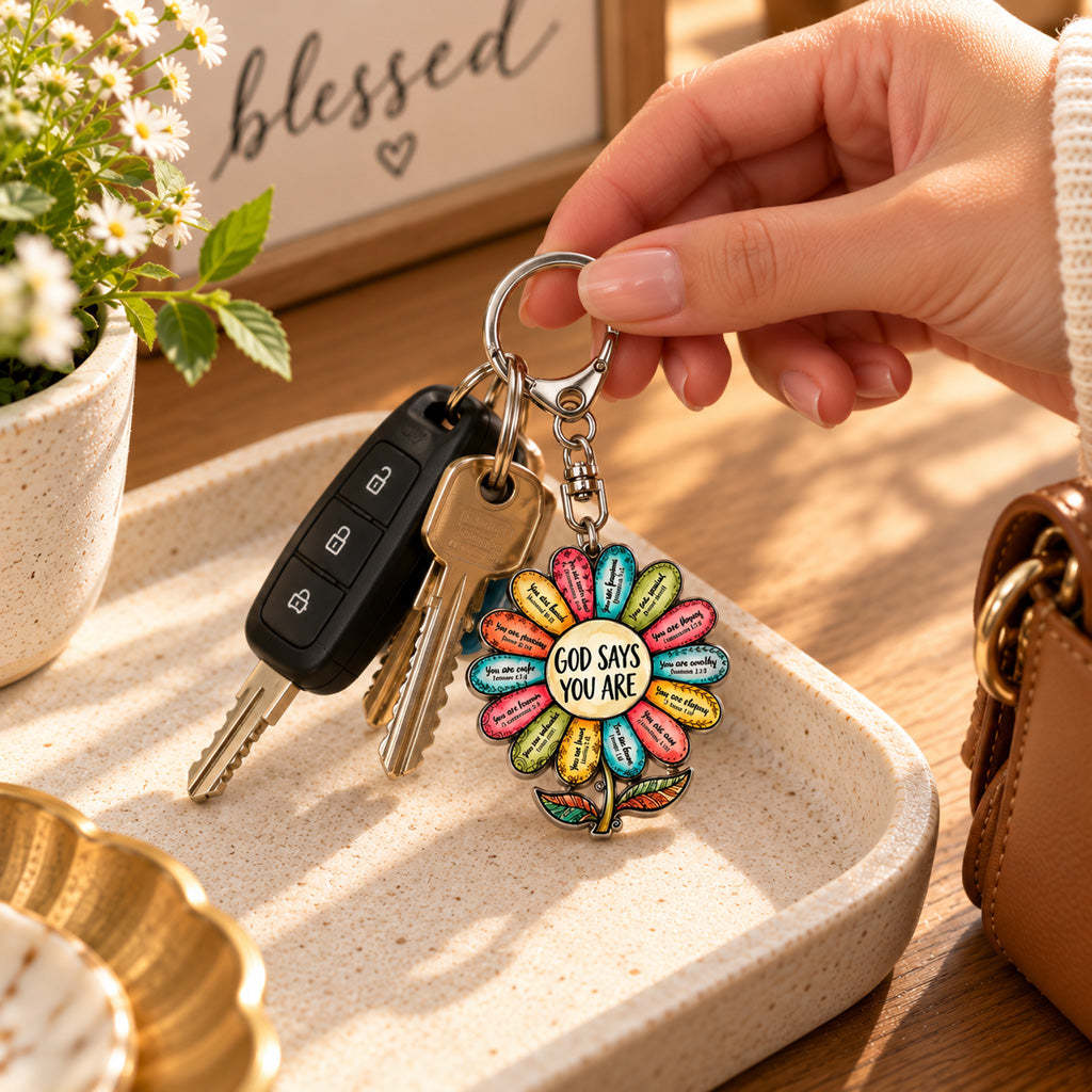 God Says You Are Scripture Flower Keychain