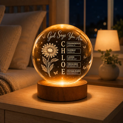 Personalized Crystal Ball Night Light with Name, Birth Flower & Bible Verse — Custom Christian 3D Engraved Keepsake Gift