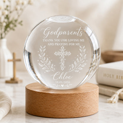 Personalized Godparents Crystal Night Light with Cross, Name, and Date — Faith Keepsake