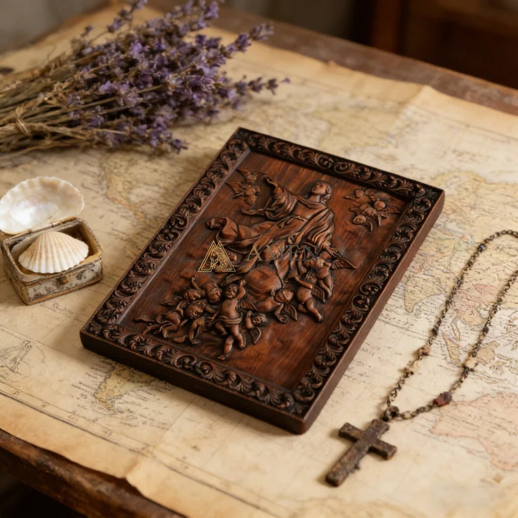 Assumption of Mary Wood Carving Amen Artisan