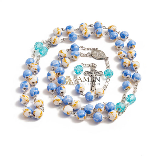 Rosário de cerâmica floral azul Amém Artesanal