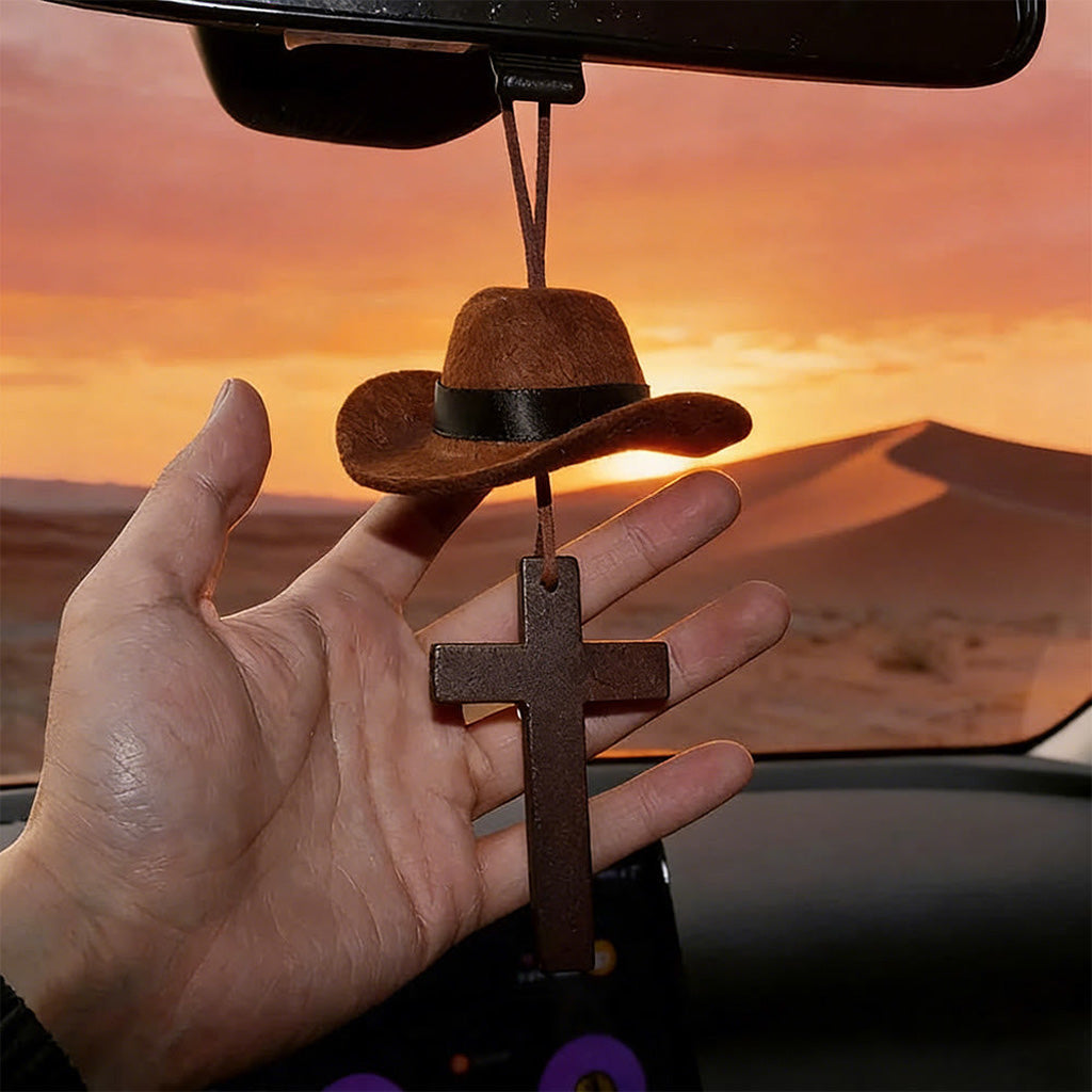 【Deal Today】Western Rearview Mirror Ornament with Cowboy Hat and Cross — Faith | Amen Artisan®