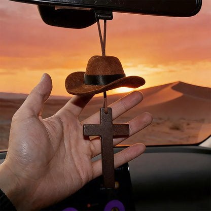 【Deal Today】Western Rearview Mirror Ornament with Cowboy Hat and Cross — Faith | Amen Artisan®