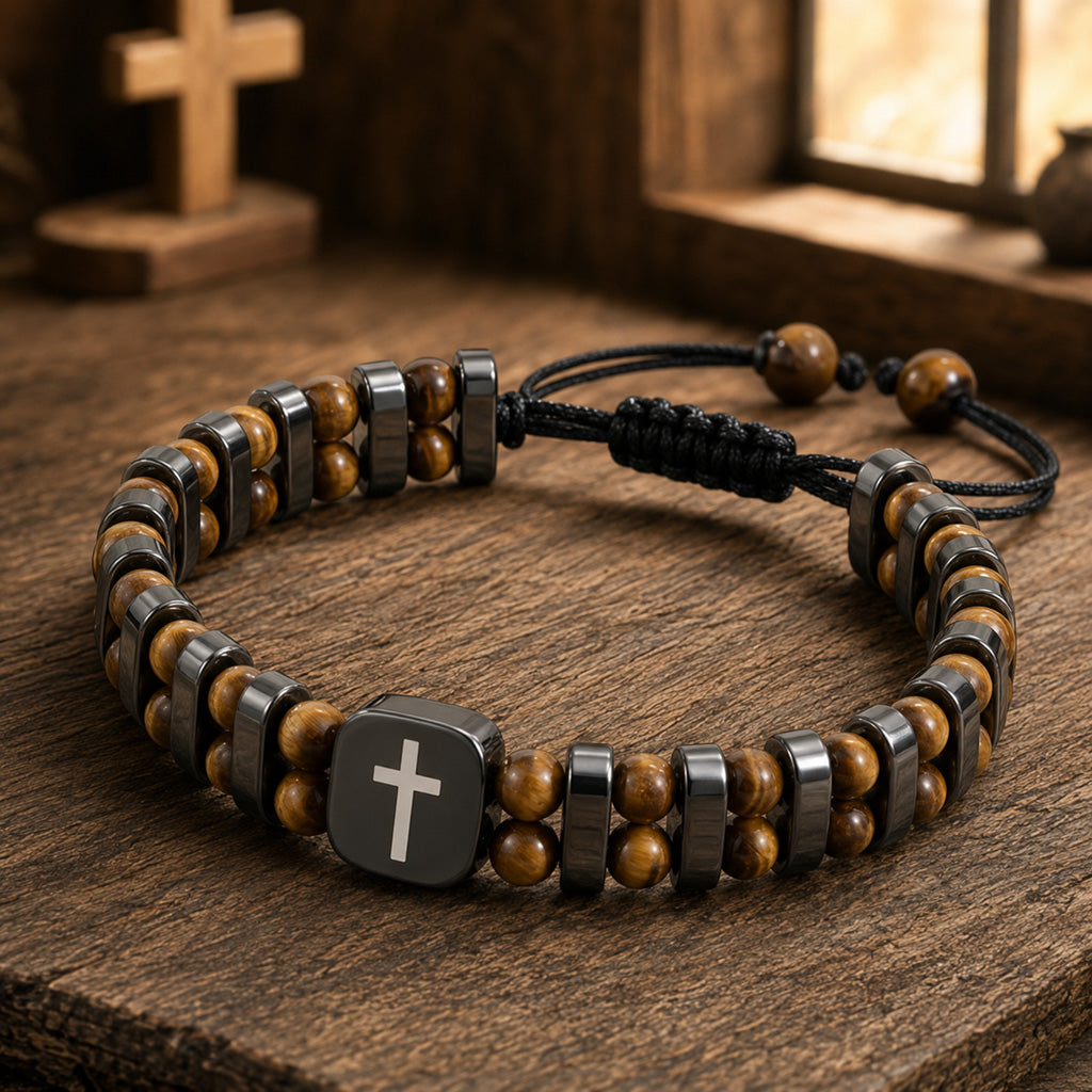 Retro Tiger Eye Cross Bracelet for Men with Adjustable Cord