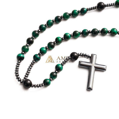 Green Tiger Eye Cross Rosary Amen Artisan