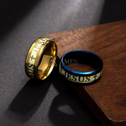 Jesus Cross Titanium Steel Luminous Ring Amen Artisan