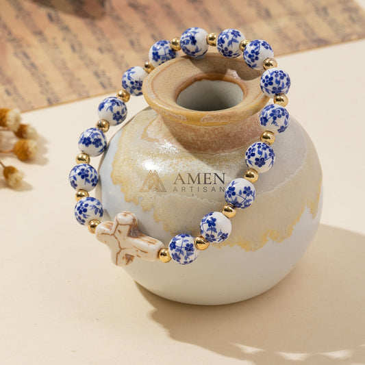 Floral Ceramic White Turquoise Cross Stretch Bracelet Amen Artisan
